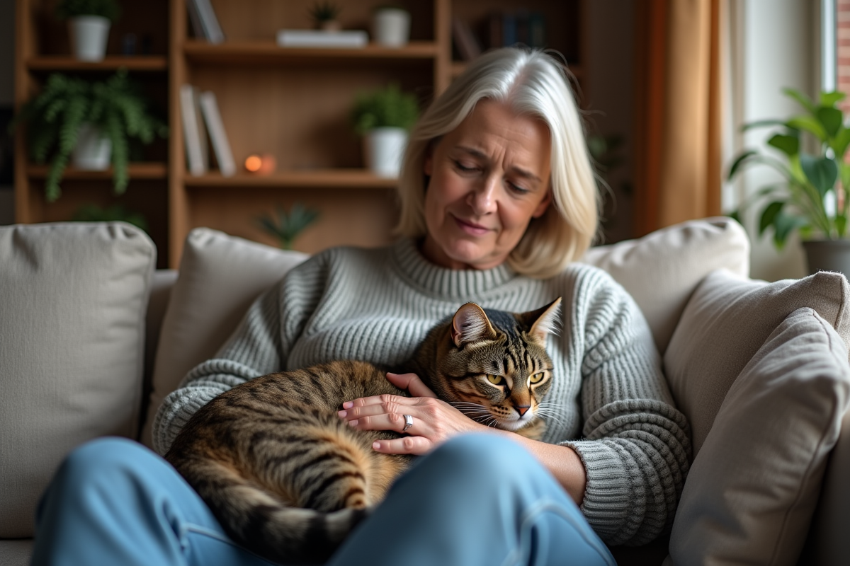 Femme assise avec chat malade sur ses genoux dans le salon