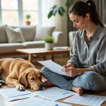 Femme consultant des documents d'assurance chien avec son golden retriever allongé à ses côtés dans un salon moderne