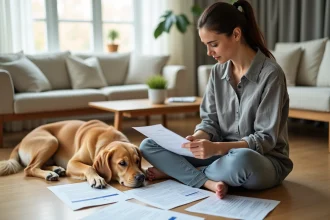 Femme consultant des documents d'assurance chien avec son golden retriever allongé à ses côtés dans un salon moderne
