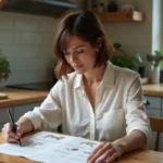 Femme à la maison étudie symboles animaux sur papier