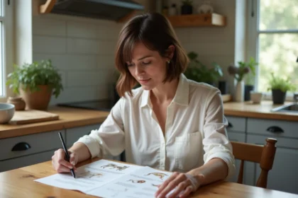 Femme à la maison étudie symboles animaux sur papier