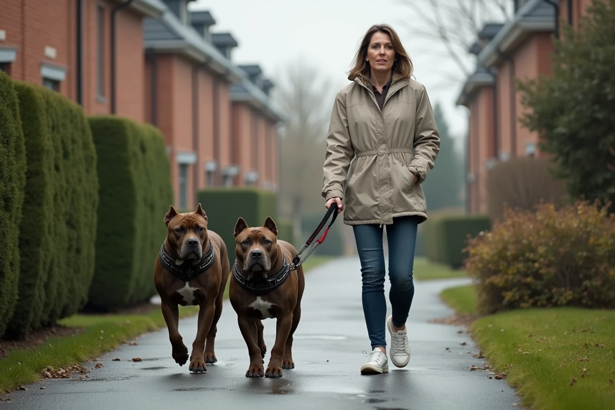 Femme marchant deux American Bullies dans un quartier résidentiel
