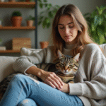 Jeune femme avec chat domestique dans un salon lumineux