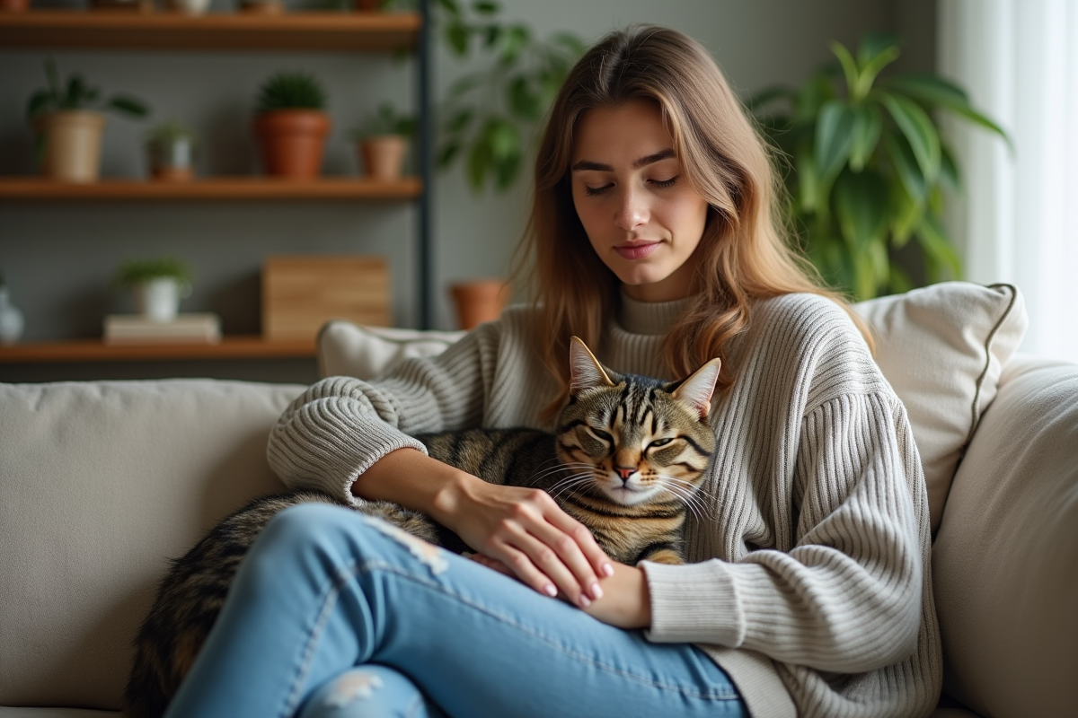 Jeune femme avec chat domestique dans un salon lumineux