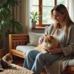 Femme assise avec un chat persan dans un salon chaleureux
