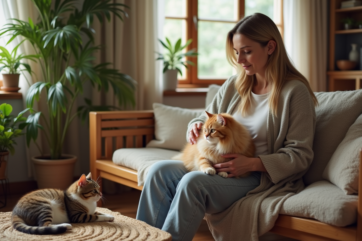 Femme assise avec un chat persan dans un salon chaleureux