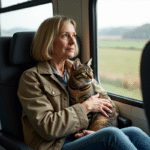 Femme dans la quarantaine avec chat dans un train