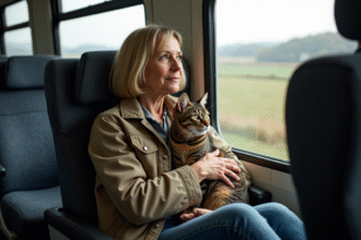 Femme dans la quarantaine avec chat dans un train