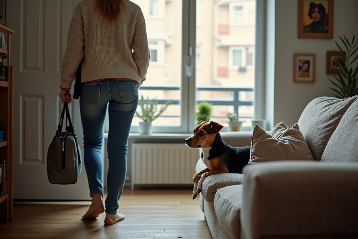 Femme avec son chien dans le salon de l