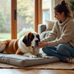 Femme caressant un grand Saint Bernard dans un salon lumineux