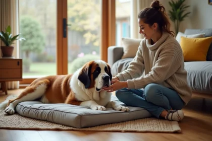 Femme caressant un grand Saint Bernard dans un salon lumineux