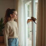 Jeune femme observant un petit chauve-souris dans son salon