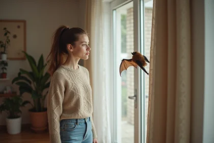 Jeune femme observant un petit chauve-souris dans son salon