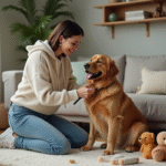 Femme souriante caressant un chien doré dans un salon chaleureux