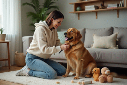 Femme souriante caressant un chien doré dans un salon chaleureux