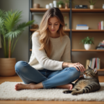 Jeune femme caressant un chat dans un salon chaleureux