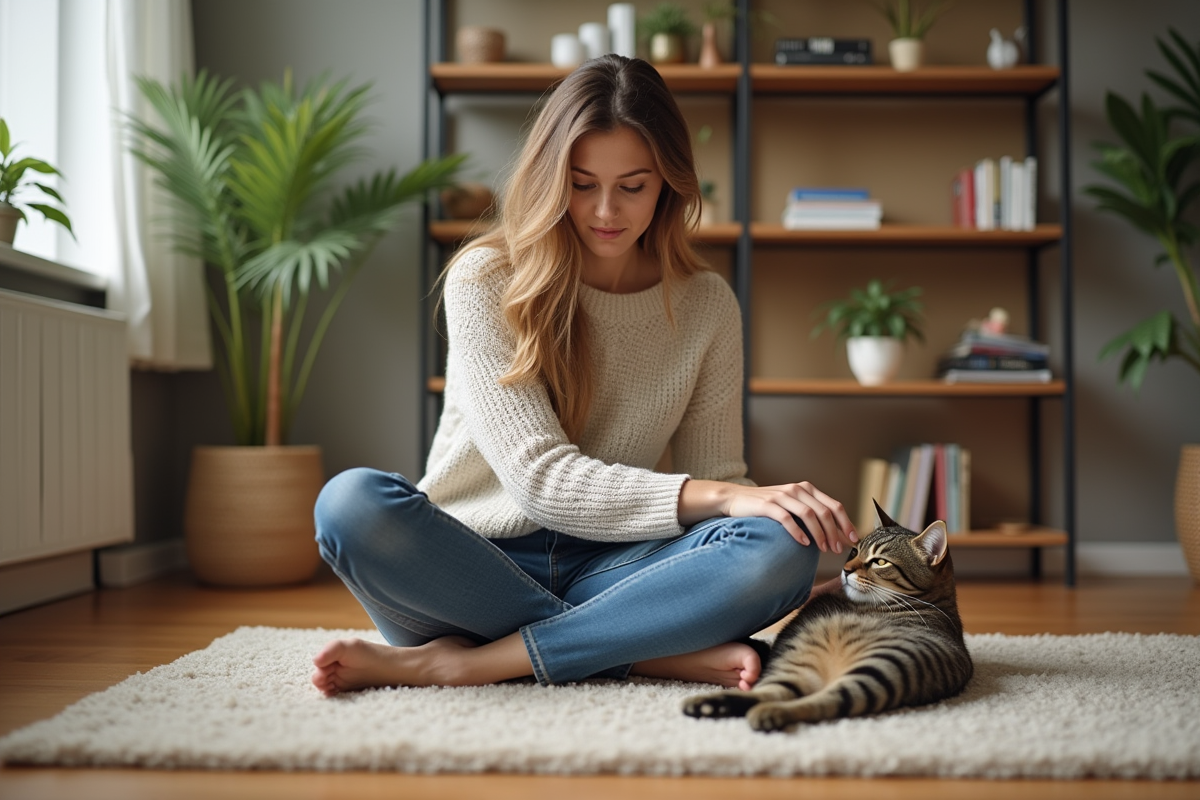 Jeune femme caressant un chat dans un salon chaleureux