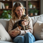 Femme souriante avec chat dans un salon cosy