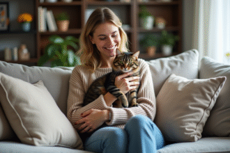 Femme souriante avec chat dans un salon cosy