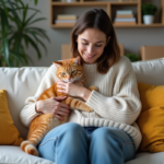 Femme caressant un chat ginger dans un salon cosy