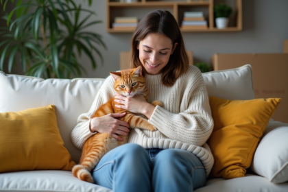 Femme caressant un chat ginger dans un salon cosy