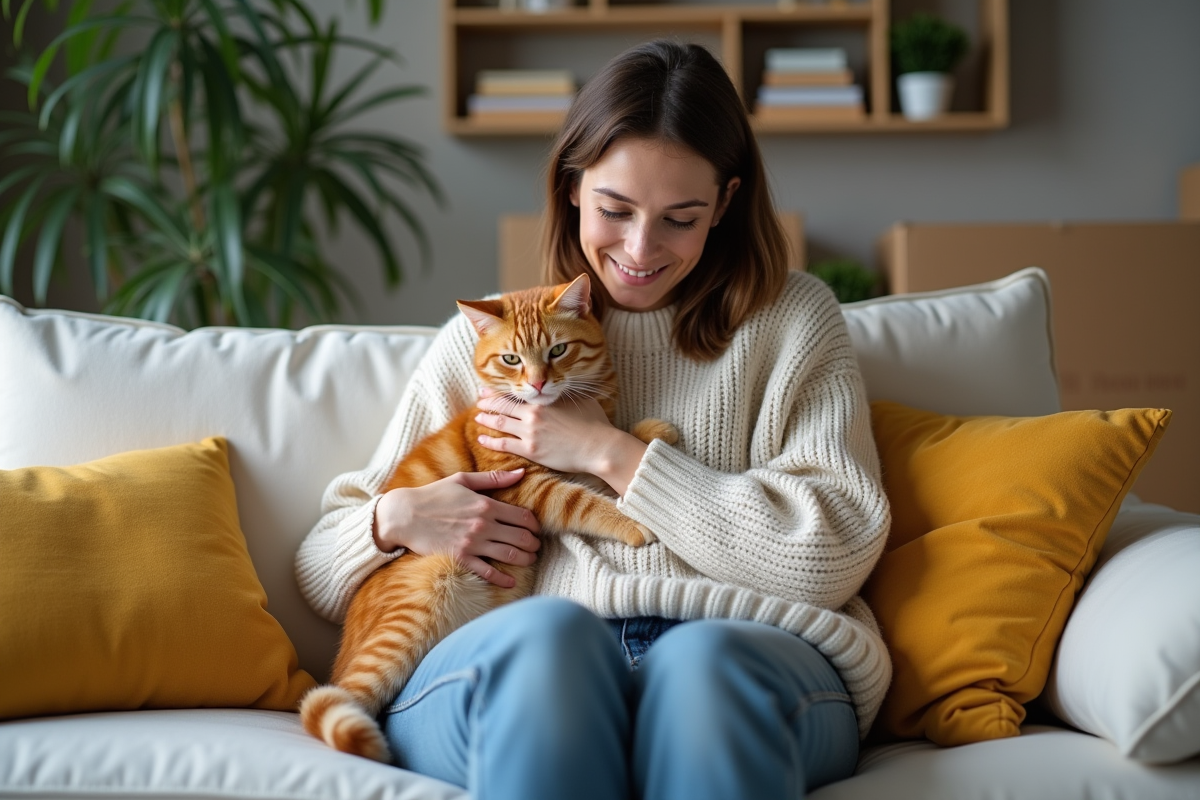 Femme caressant un chat ginger dans un salon cosy