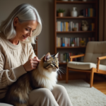 Femme caressant un chat longhair dans un salon chaleureux