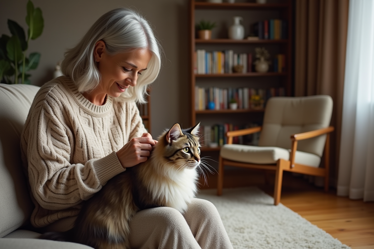 Femme caressant un chat longhair dans un salon chaleureux