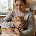 Femme tenant un chat roux sur ses genoux près d'un médicament vétérinaire sur une table en bois