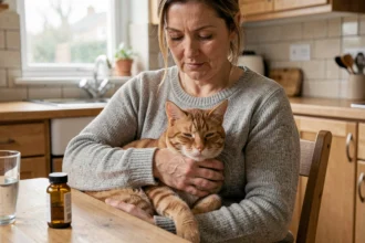 Femme tenant un chat roux sur ses genoux près d'un médicament vétérinaire sur une table en bois