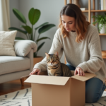 Jeune femme avec chat et fournitures pour chat dans le salon