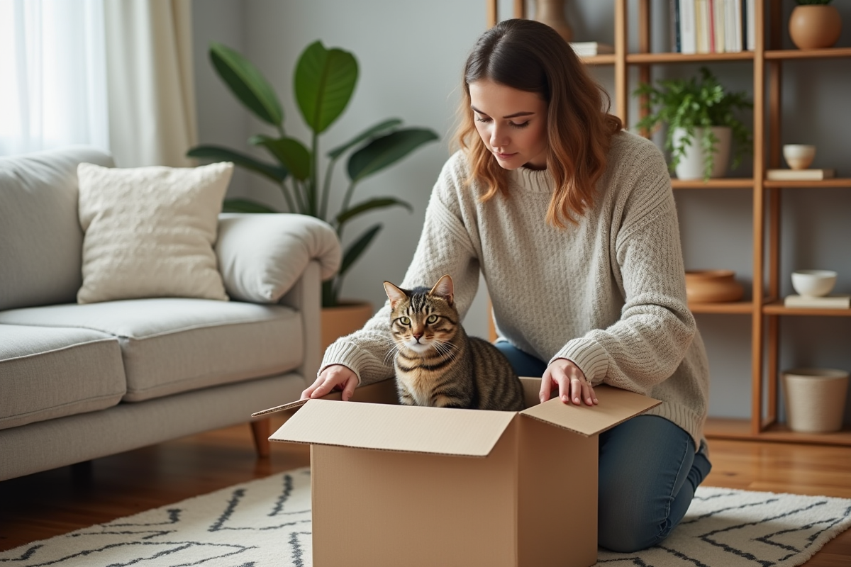 Jeune femme avec chat et fournitures pour chat dans le salon