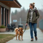 Femme avec chien devant refuge animalier moderne