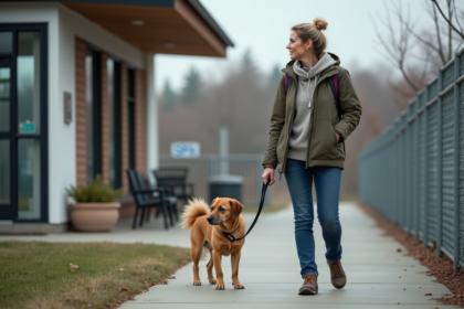 Femme avec chien devant refuge animalier moderne