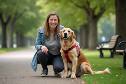 Femme et chien dans un parc urbain en extérieur