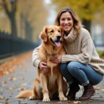 Femme française avec chien dans un parc en automne