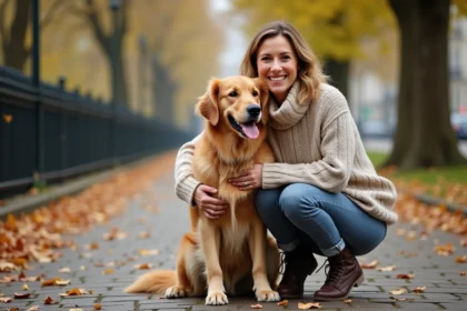 Femme française avec chien dans un parc en automne