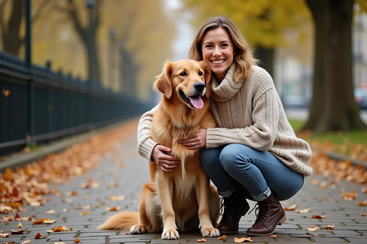Femme française avec chien dans un parc en automne
