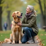 Femme souriante avec chien dans un parc urbain