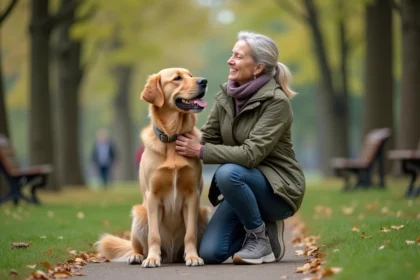 Femme souriante avec chien dans un parc urbain