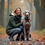 Femme en extérieur avec un chien weimaraner dans un parc