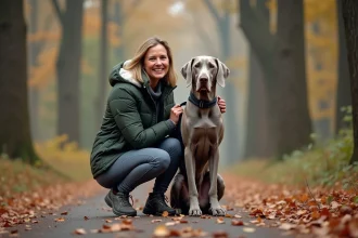 Femme en extérieur avec un chien weimaraner dans un parc