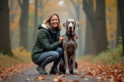Femme en extérieur avec un chien weimaraner dans un parc