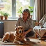 Femme souriante caressant un golden retriever dans un salon chaleureux
