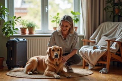 Femme souriante caressant un golden retriever dans un salon chaleureux