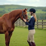 Femme débutante en équitation découvrant son cheval chestnut dans un paddock verdoyant avec clôture en bois