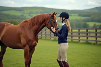 Femme débutante en équitation découvrant son cheval chestnut dans un paddock verdoyant avec clôture en bois