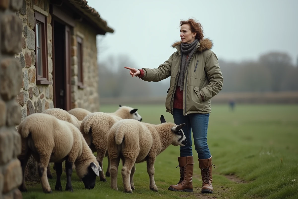 Femme parlant avec un berger près d une ferme