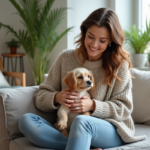 Femme détendue caressant un petit chien sur ses genoux dans un salon lumineux
