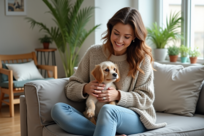 Femme détendue caressant un petit chien sur ses genoux dans un salon lumineux